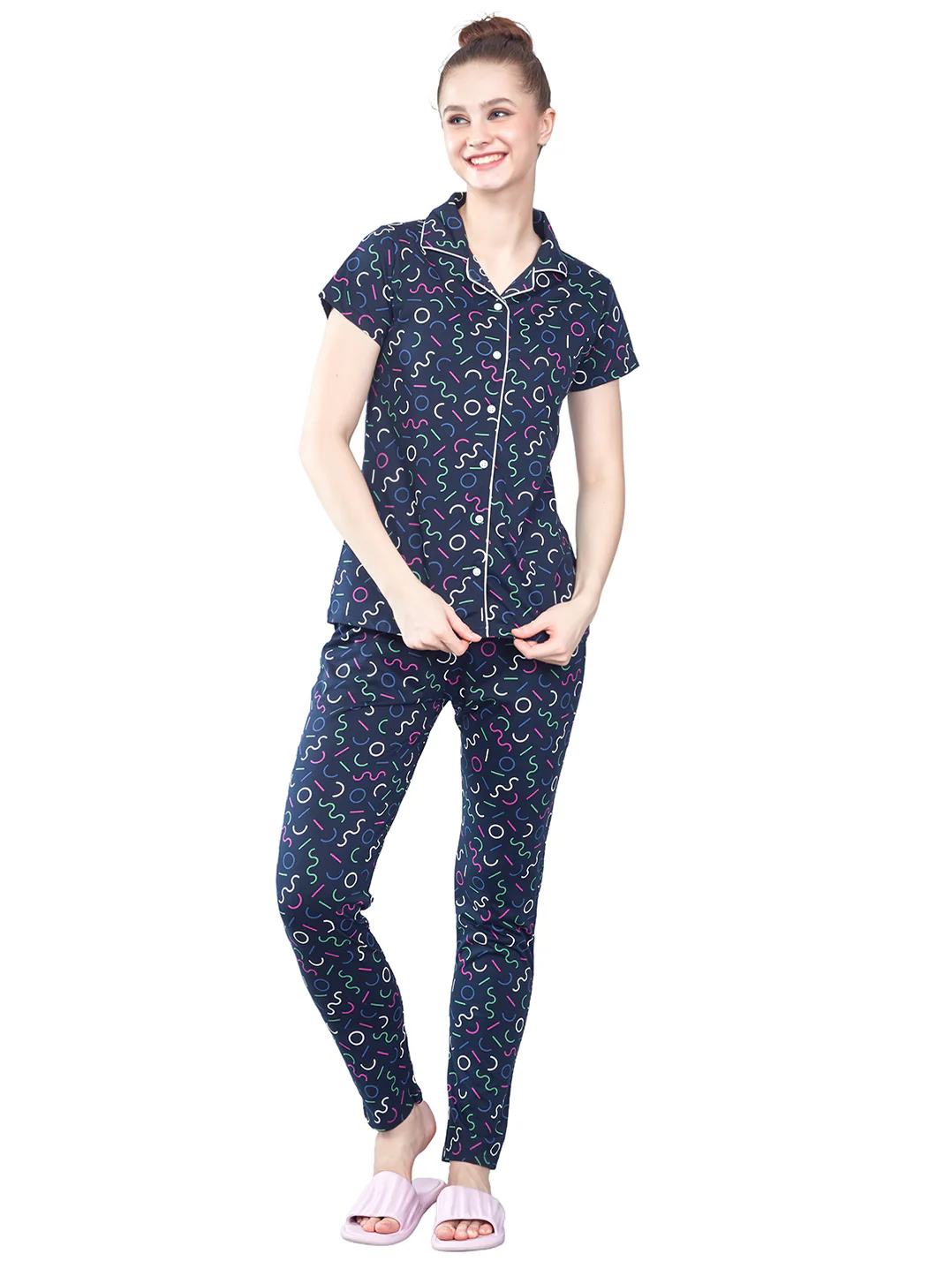 Womens Printed Shirt & Pyjama Set, Abstract Print Night Suit, Lounge Wear- 10486 - Image 5