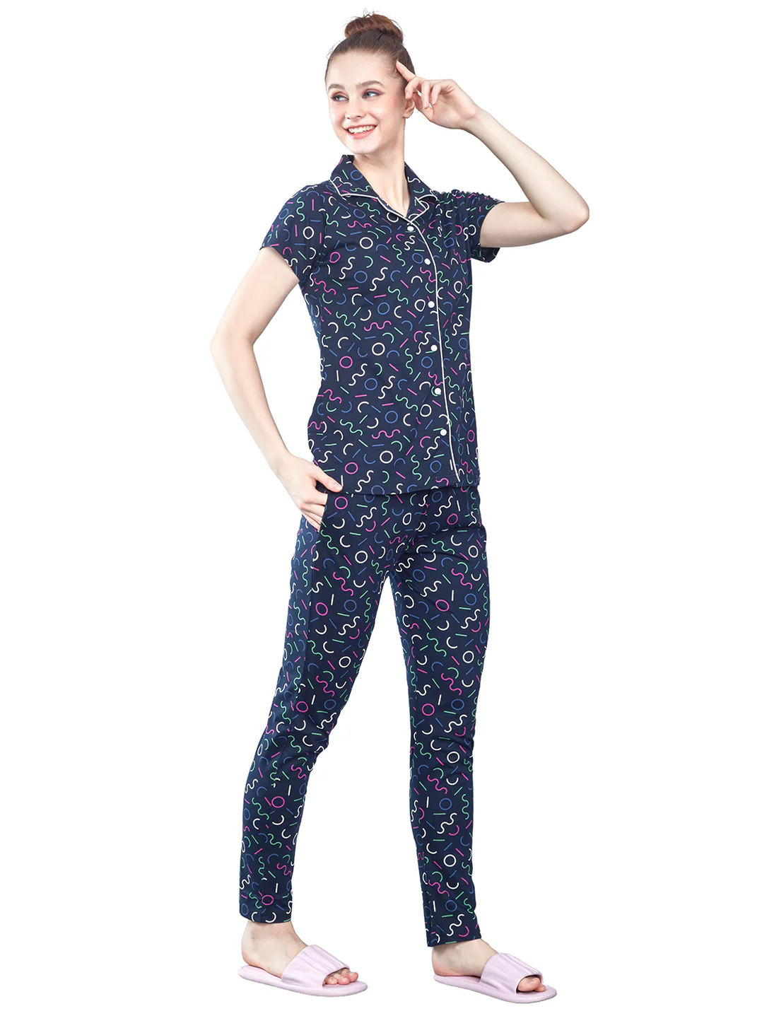 Womens Printed Shirt & Pyjama Set, Abstract Print Night Suit, Lounge Wear- 10486 - Image 7