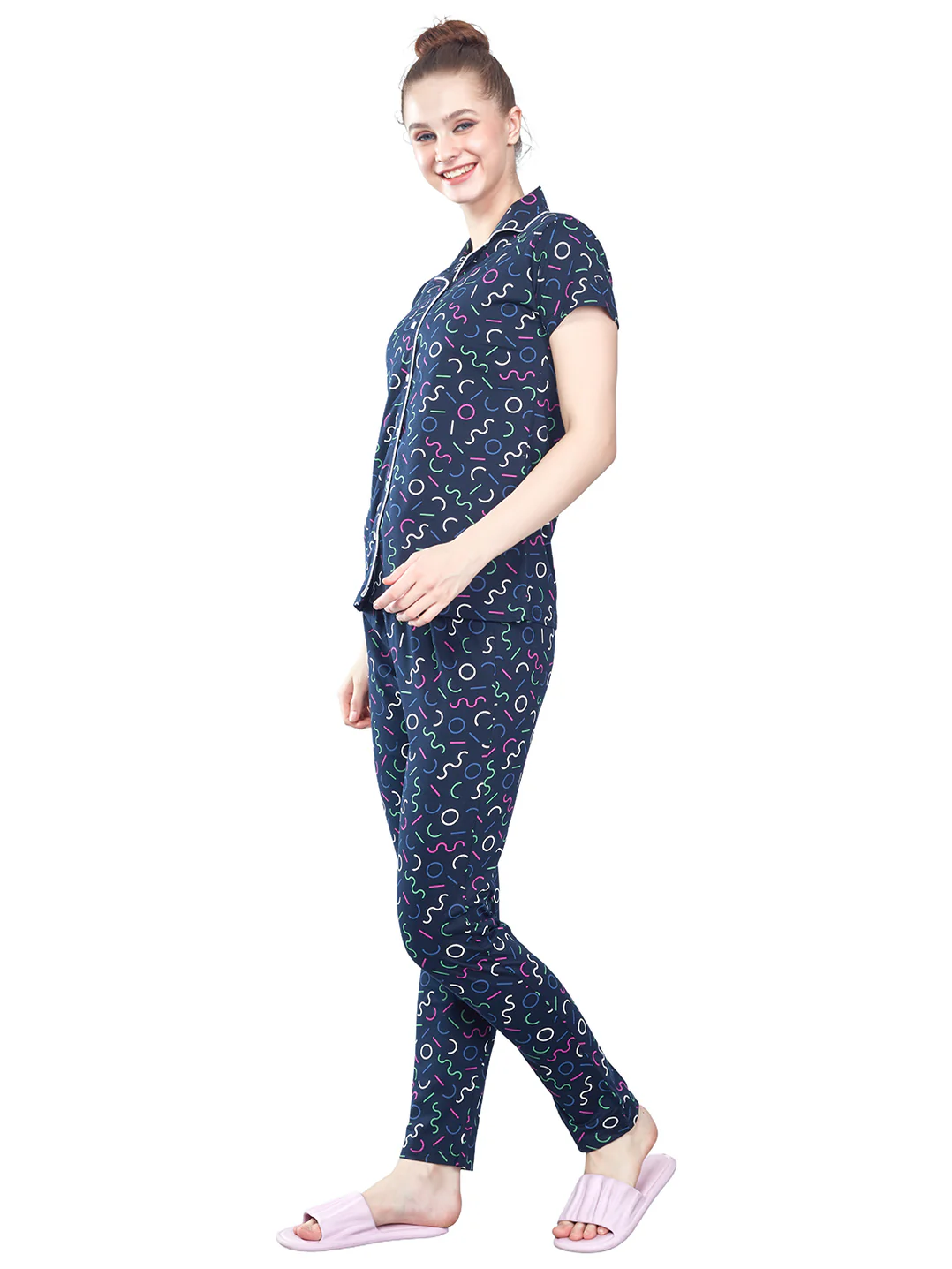 Womens Printed Shirt & Pyjama Set, Abstract Print Night Suit, Lounge Wear- 10486 - Image 2