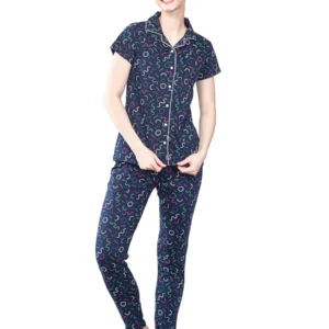 Womens Printed Shirt & Pyjama Set, Abstract Print Night Suit, Lounge Wear- 10486