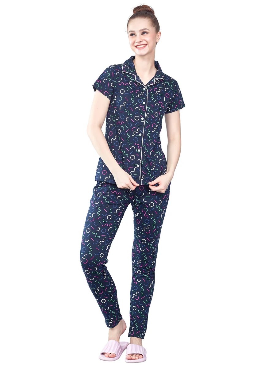 Womens Printed Shirt & Pyjama Set, Abstract Print Night Suit, Lounge Wear- 10486